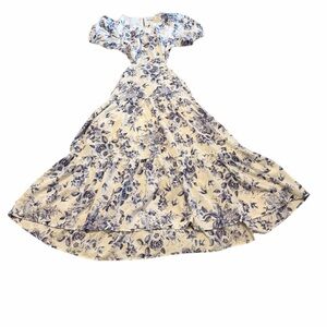 Petal & Pup Blue Toile Floral Open Back Ruffle Maxi Dress XS